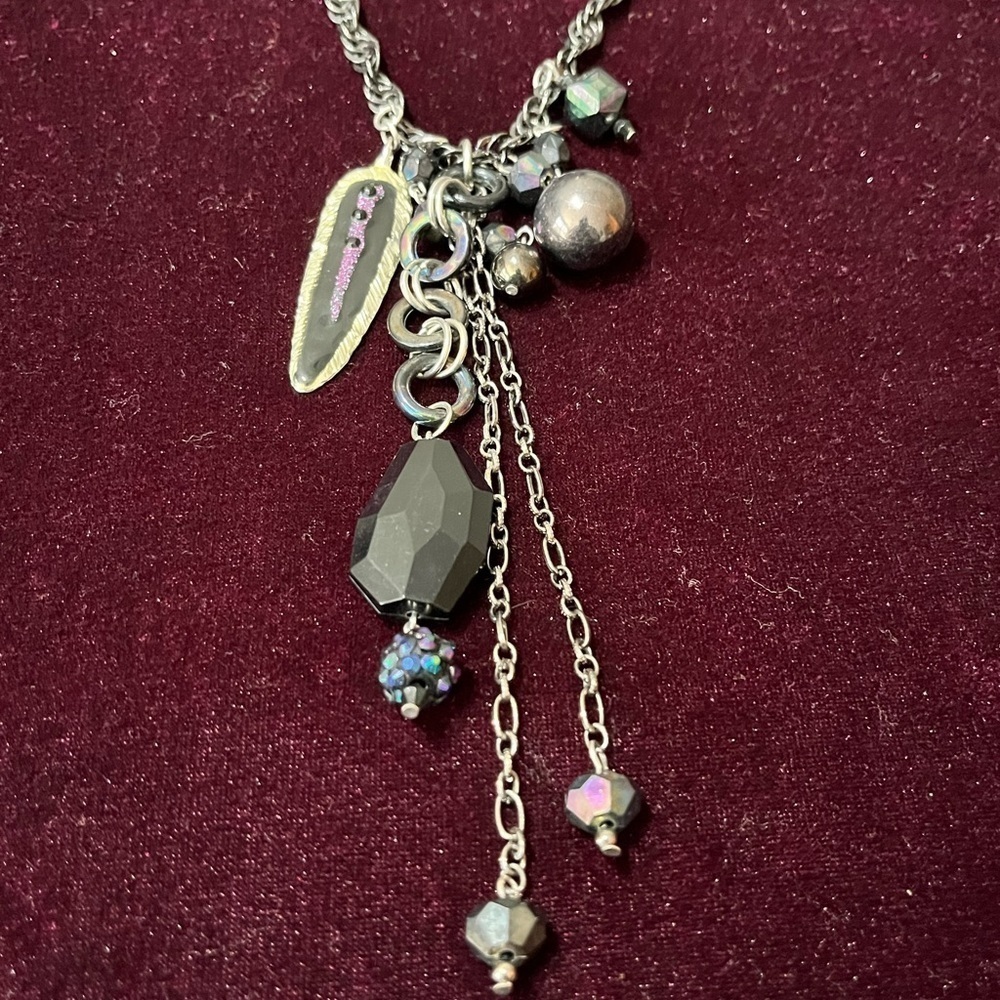 Long Statement Necklace with Dangle Fringe Detail Black Purple Feather